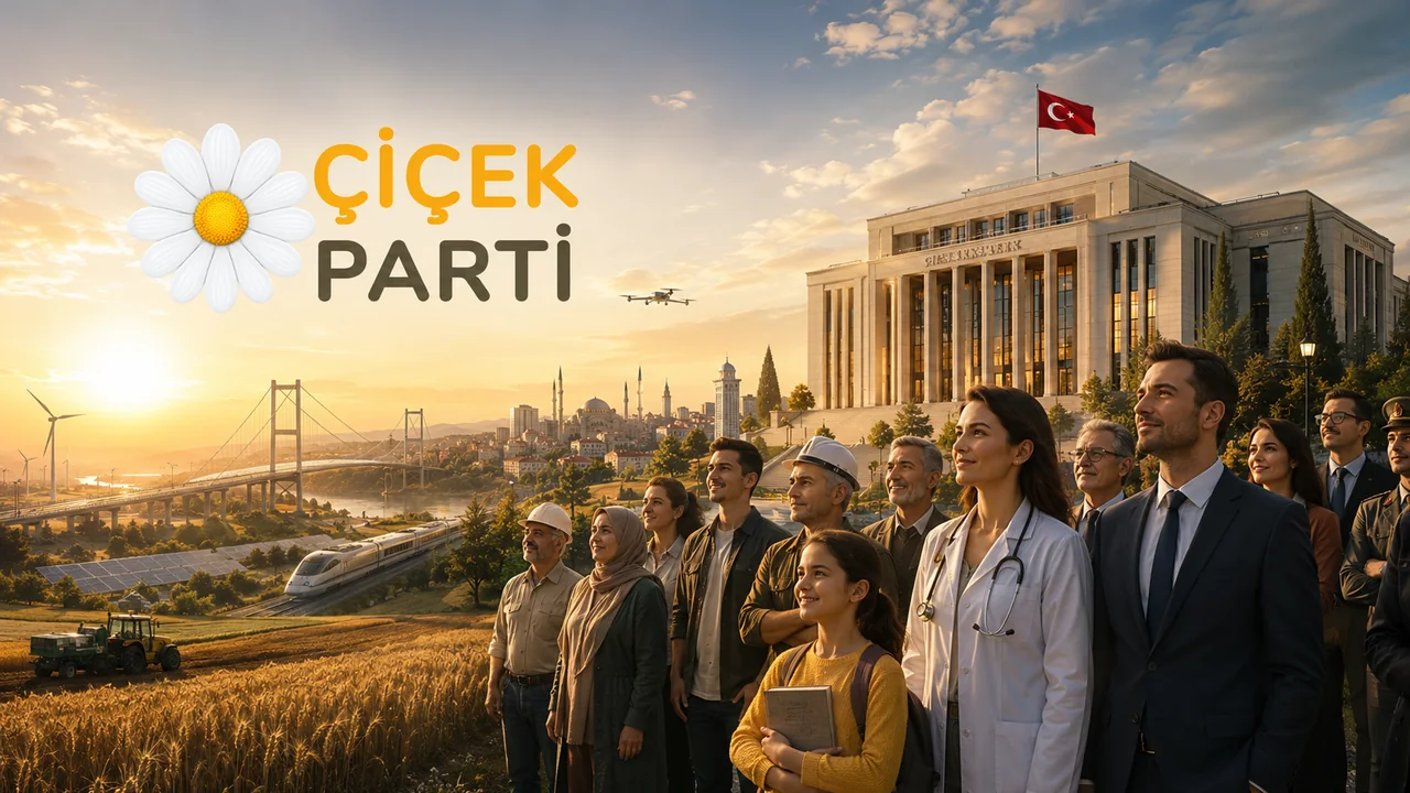 Çiçek Parti’nin liyakat, güçlü kurumlar, üretim, bilim ve millî dayanışma ilkelerini simgeleyen görsel